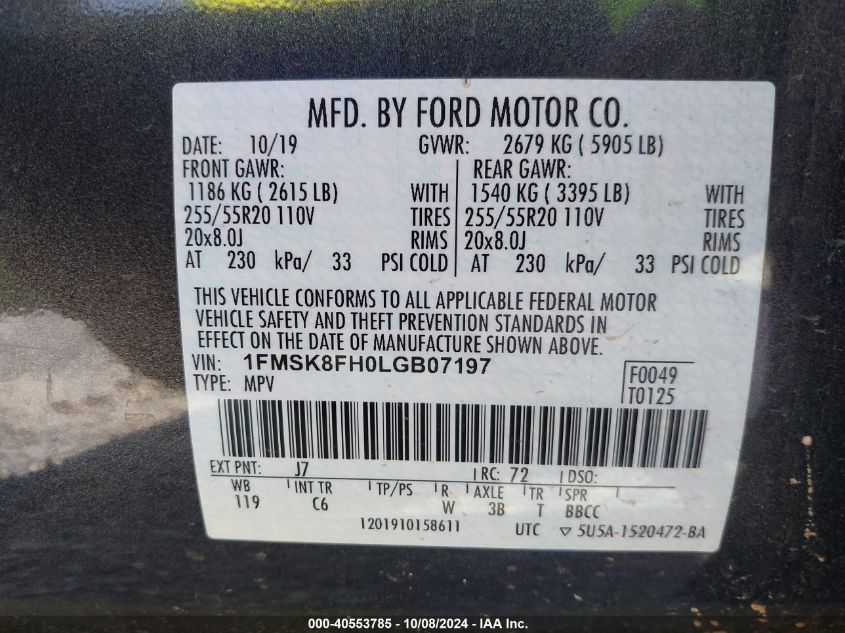 2020 Ford Explorer Limited VIN: 1FMSK8FH0LGB07197 Lot: 40553785