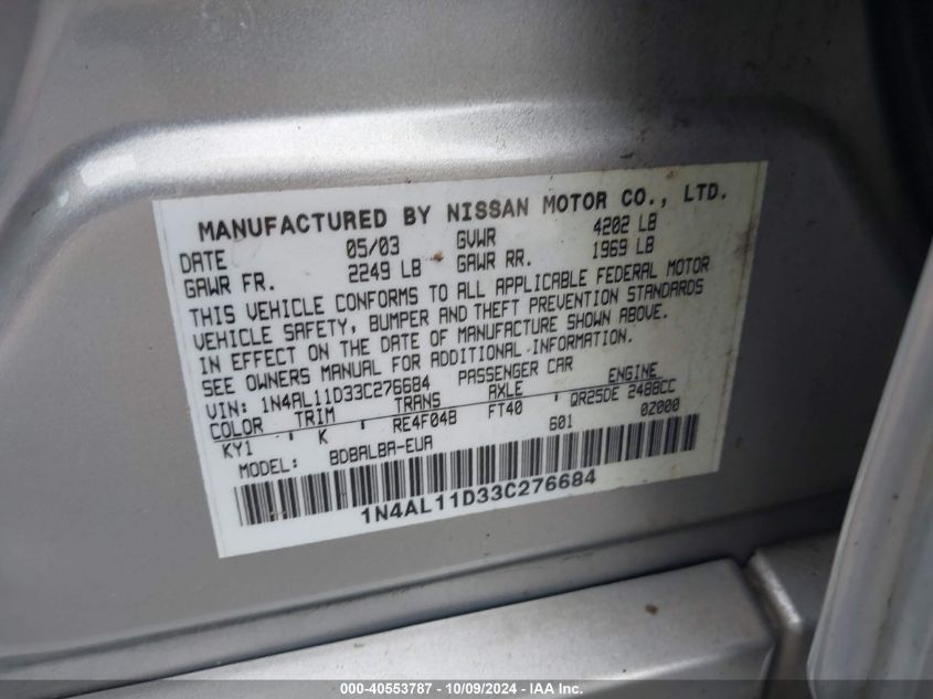 1N4AL11D33C276684 2003 Nissan Altima S/Sl