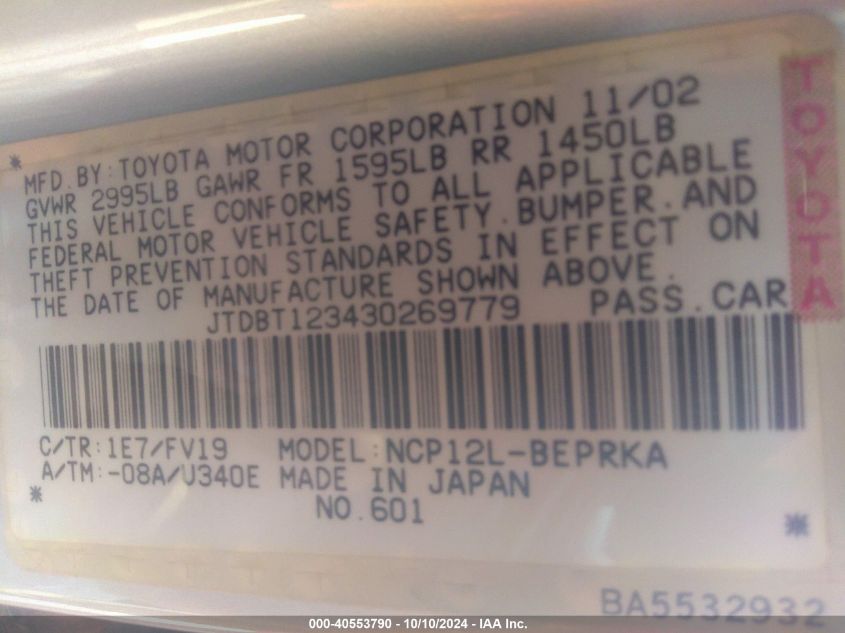 JTDBT123430269779 2003 Toyota Echo