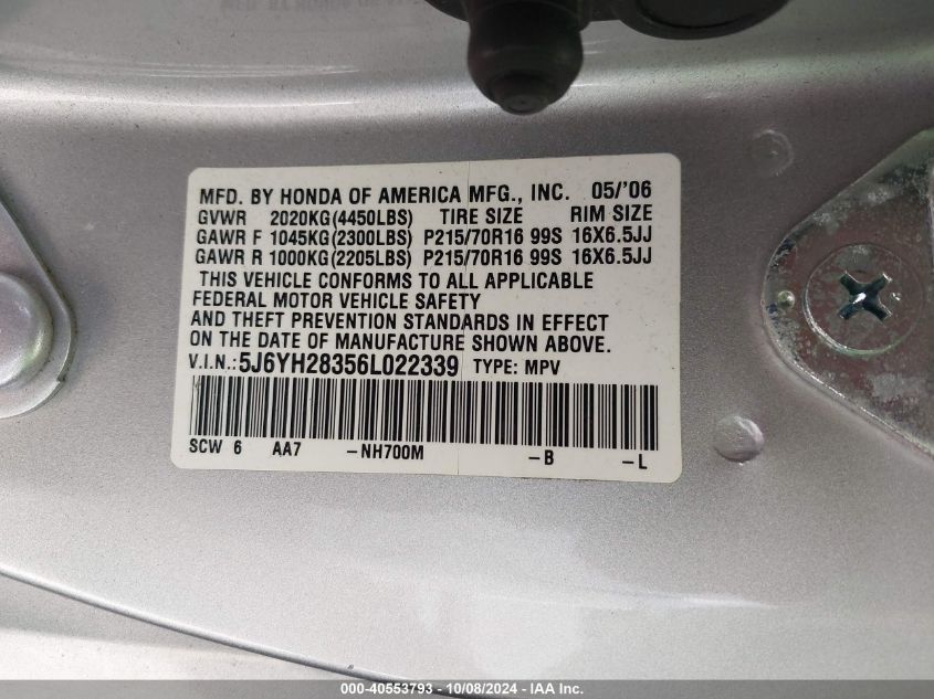 2006 Honda Element Lx VIN: 5J6YH28356L022339 Lot: 40553793