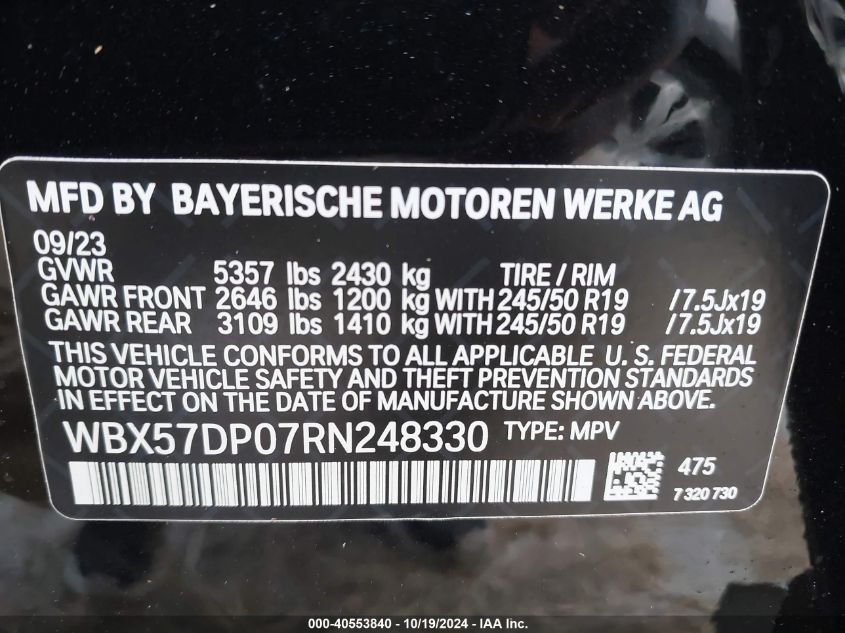 2024 BMW X3 xDrive30I VIN: WBX57DP07RN248330 Lot: 40553840