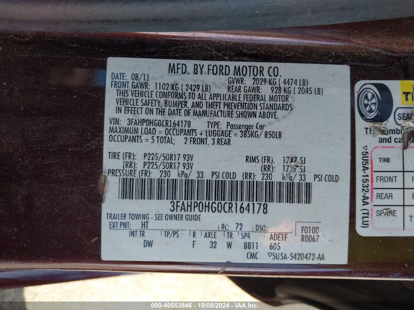 3FAHP0HG0CR164178 2012 Ford Fusion Se