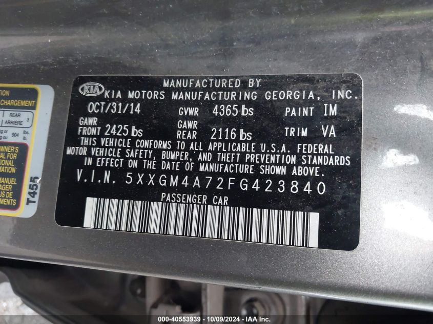 5XXGM4A72FG423840 2015 Kia Optima Lx