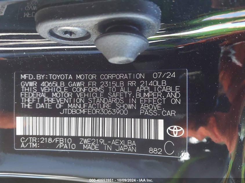 VIN JTDBCMFE0R3063900 2024 TOYOTA COROLLA HYBRID LE