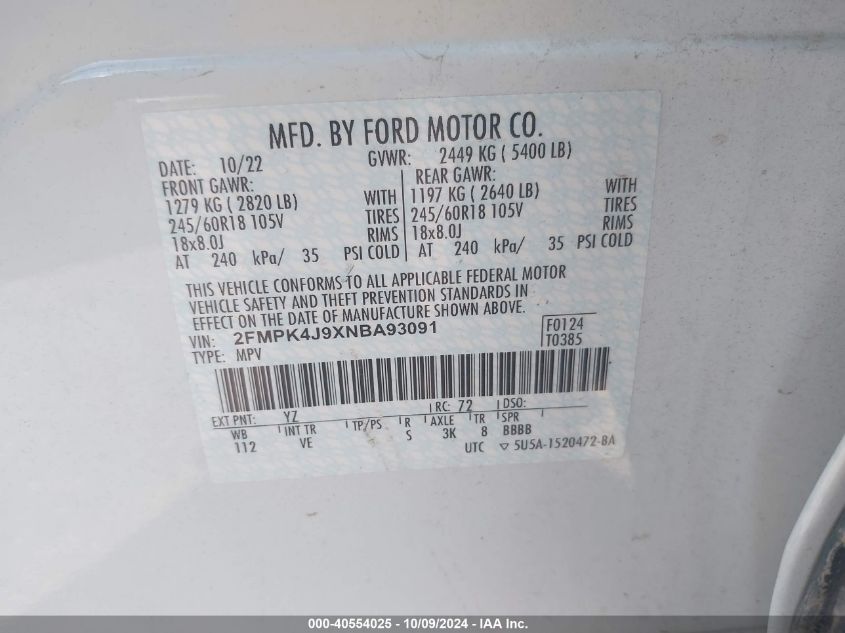 2022 Ford Edge Sel VIN: 2FMPK4J9XNBA93091 Lot: 40554025