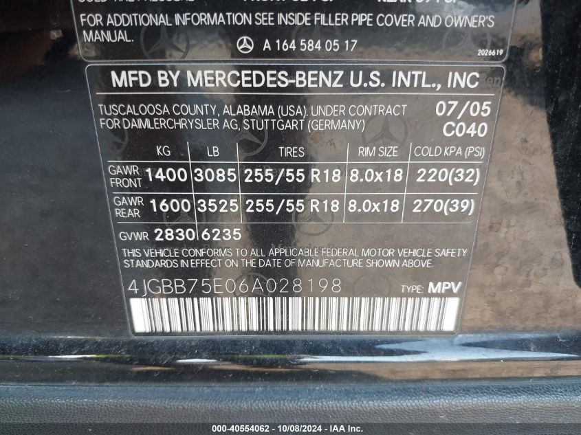 4JGBB75E06A028198 2006 Mercedes-Benz Ml 500 4Matic