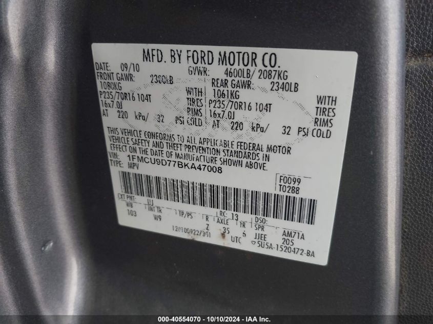 1FMCU9D77BKA47008 2011 Ford Escape Xlt