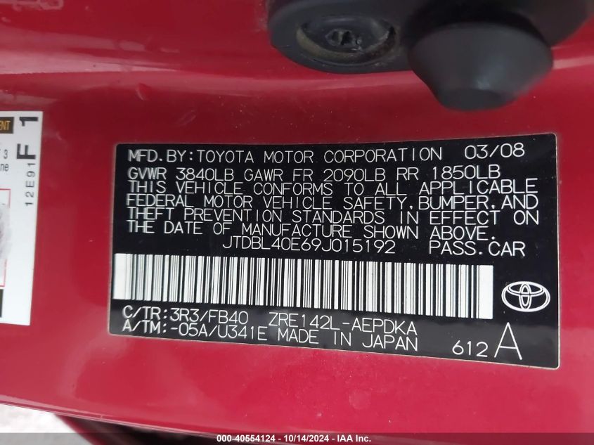 2009 Toyota Corolla VIN: JTDBL40E69J015192 Lot: 40554124