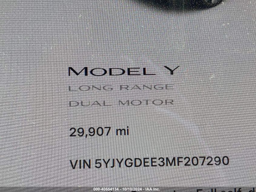 2021 Tesla Model Y Long Range Dual Motor All-Wheel Drive VIN: 5YJYGDEE3MF207290 Lot: 40554134