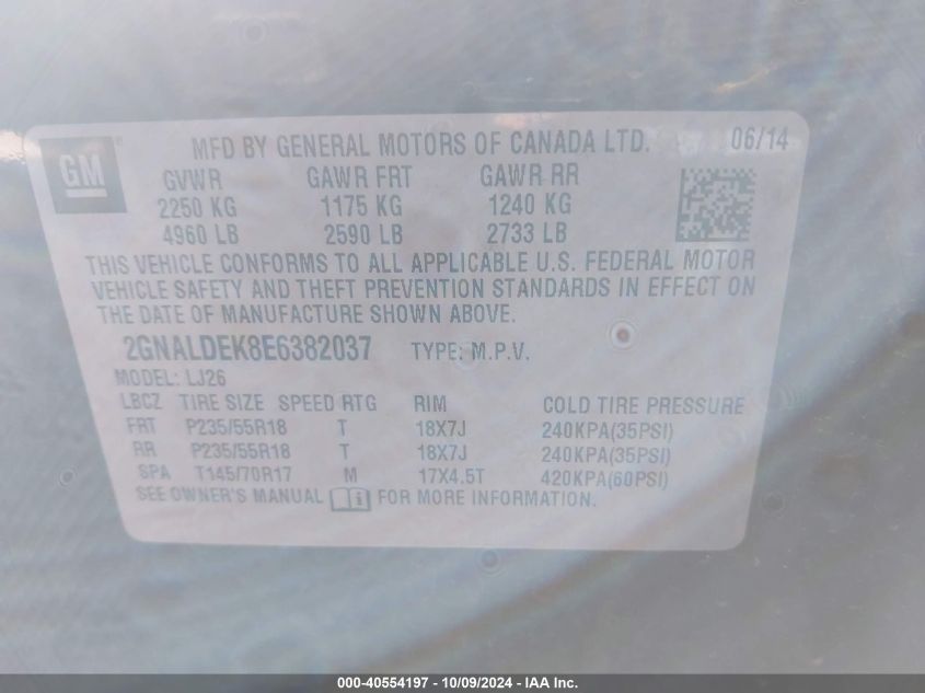 2GNALDEK8E6382037 2014 Chevrolet Equinox Ltz