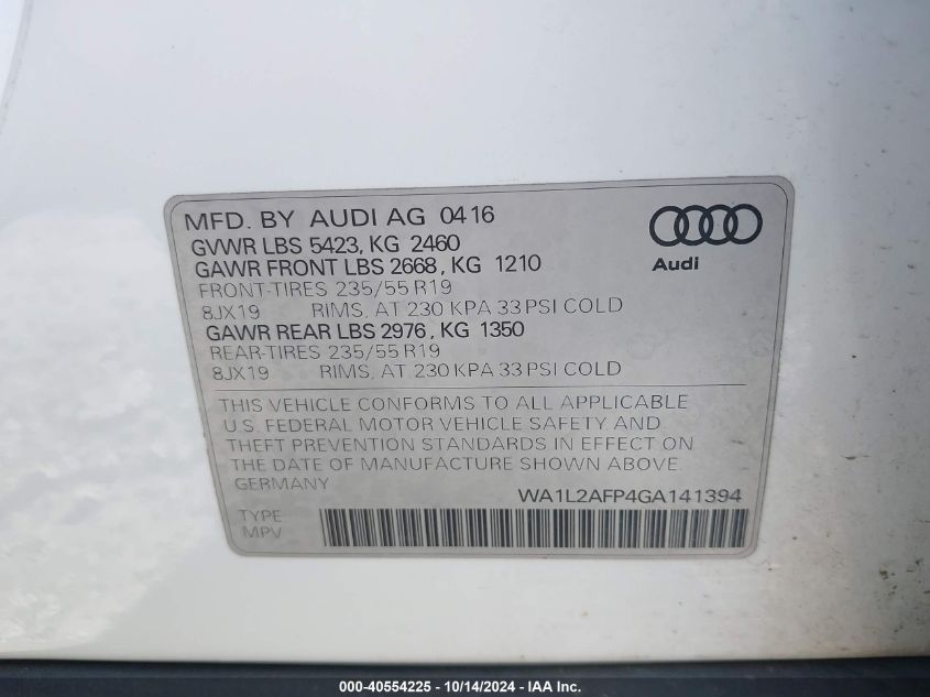 2016 Audi Q5 2.0T Premium VIN: WA1L2AFP4GA141394 Lot: 40554225