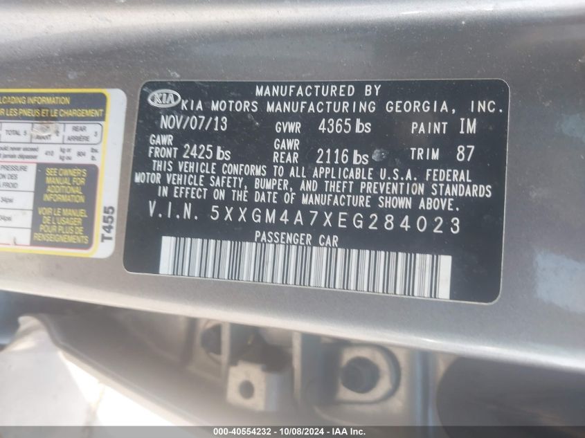 5XXGM4A7XEG284023 2014 Kia Optima Lx