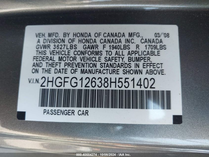 2HGFG12638H551402 2008 Honda Civic Lx