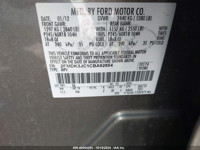 2012 Ford Edge Sel VIN: 2FMDK3JC1CBA92854 Lot: 40554293