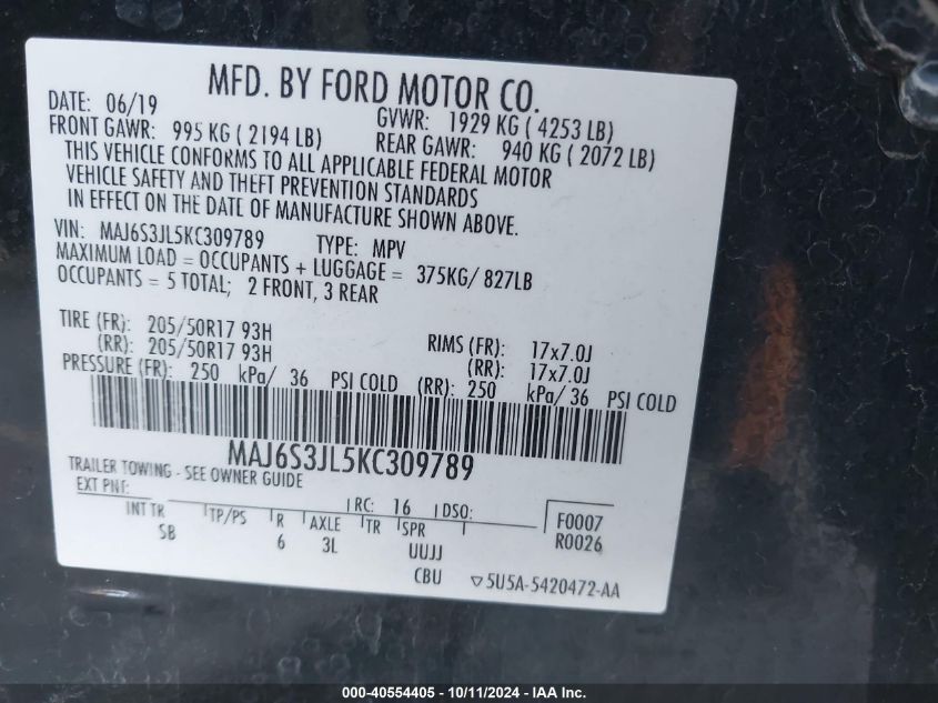 MAJ6S3JL5KC309789 2019 Ford Ecosport Ses