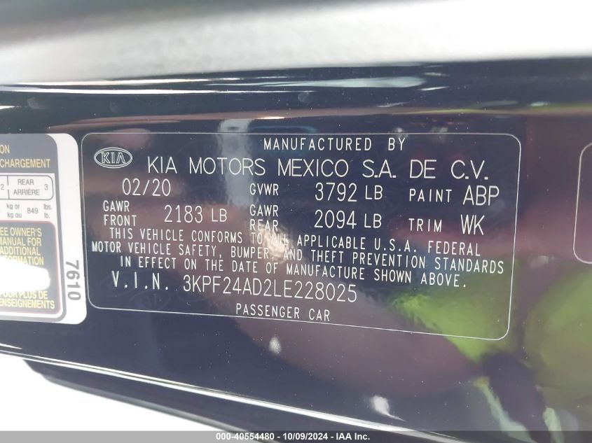 2020 Kia Forte Fe/Lxs VIN: 3KPF24AD2LE228025 Lot: 40554480