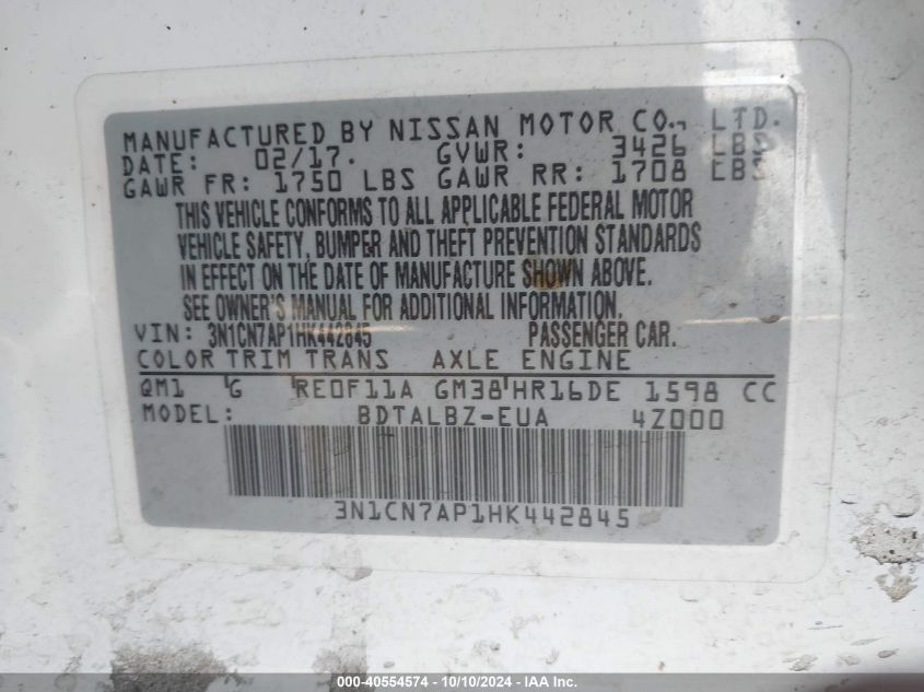 3N1CN7AP1HK442845 2017 Nissan Versa 1.6 Sv