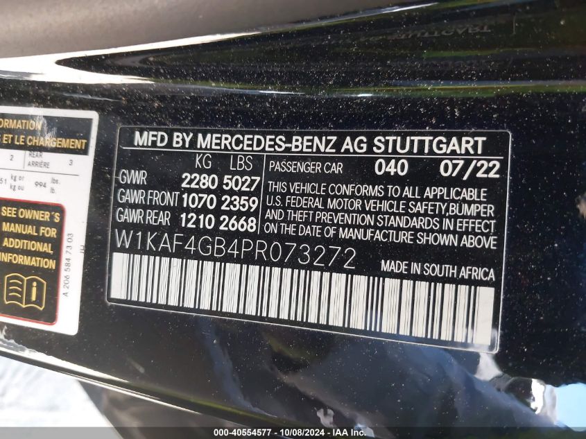 2023 Mercedes-Benz C 300 Sedan VIN: W1KAF4GB4PR073272 Lot: 40554577