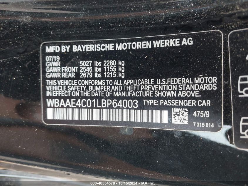 2020 BMW 840I xDrive VIN: WBAAE4C01LBP64003 Lot: 40554578