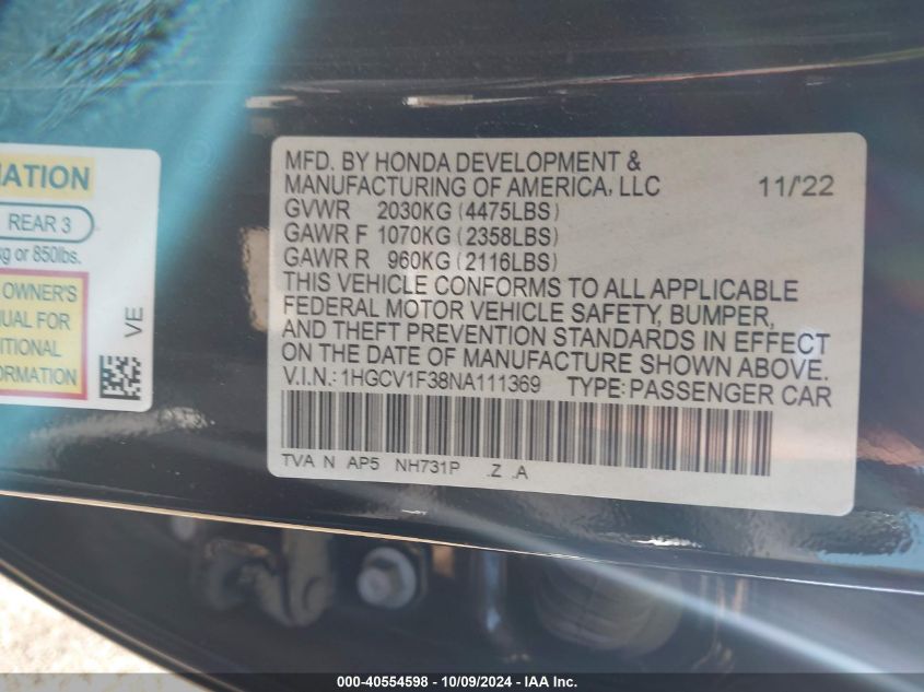 2022 Honda Accord Sport VIN: 1HGCV1F38NA111369 Lot: 40554598