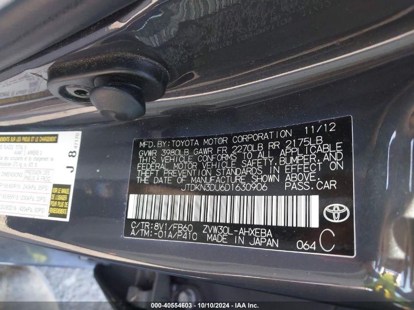 2013 Toyota Prius Two VIN: JTDKN3DU6D1630906 Lot: 40554603