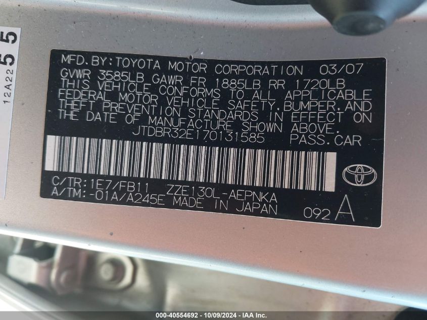 JTDBR32E170131585 2007 Toyota Corolla Ce/Le/S