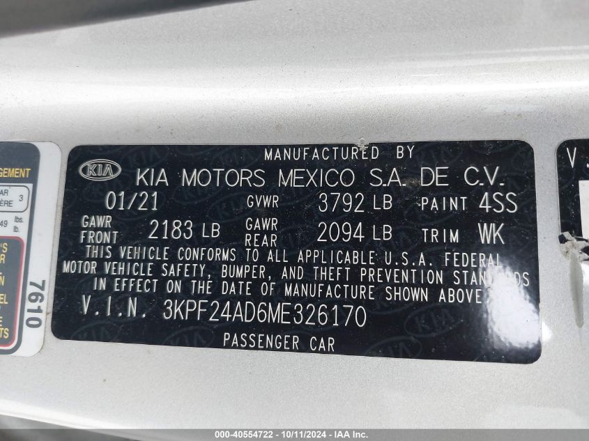 3KPF24AD6ME326170 2021 Kia Forte Lxs