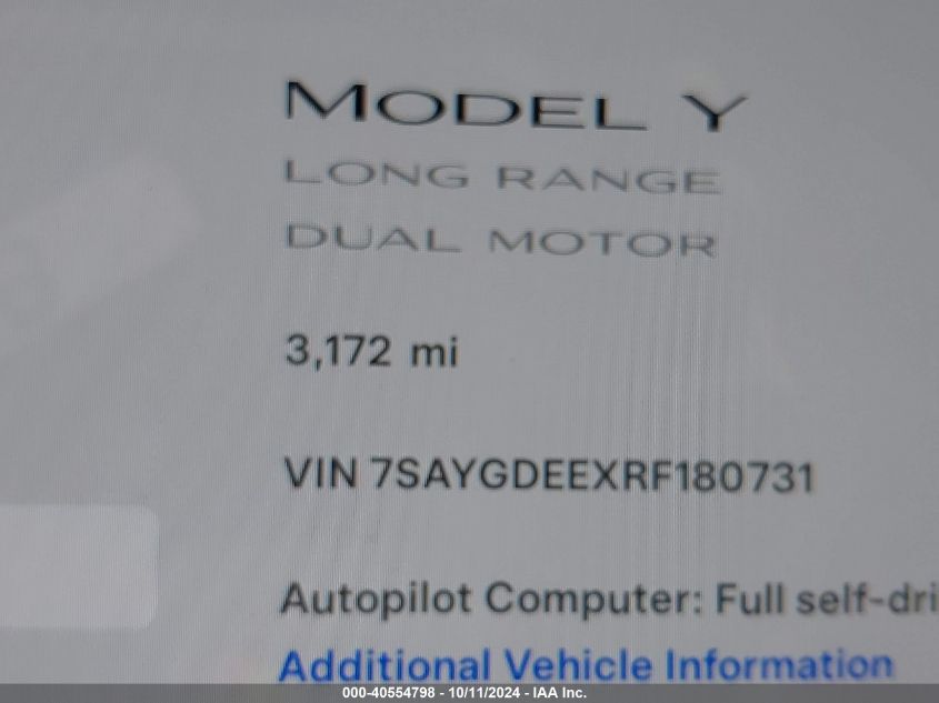 2024 Tesla Model Y Long Range Dual Motor All-Wheel Drive VIN: 7SAYGDEEXRF180731 Lot: 40554798