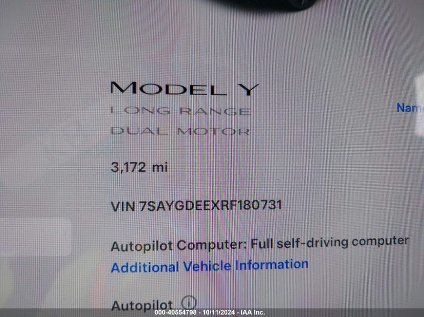 2024 Tesla Model Y Long Range Dual Motor All-Wheel Drive VIN: 7SAYGDEEXRF180731 Lot: 40554798