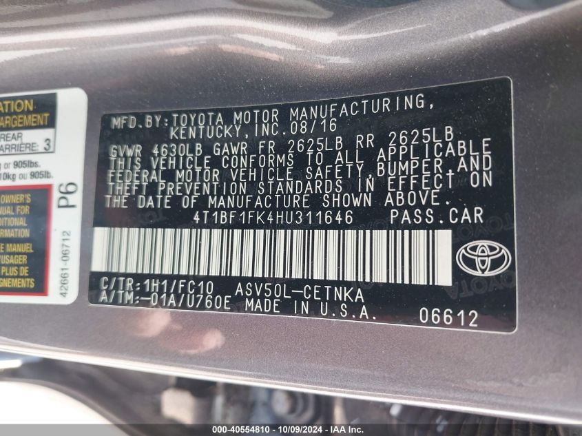 4T1BF1FK4HU311646 2017 Toyota Camry Le/Xle/Se/Xse