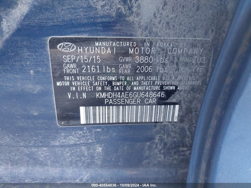 KMHDH4AE6GU648646 2016 Hyundai Elantra Se/Sport/Limited