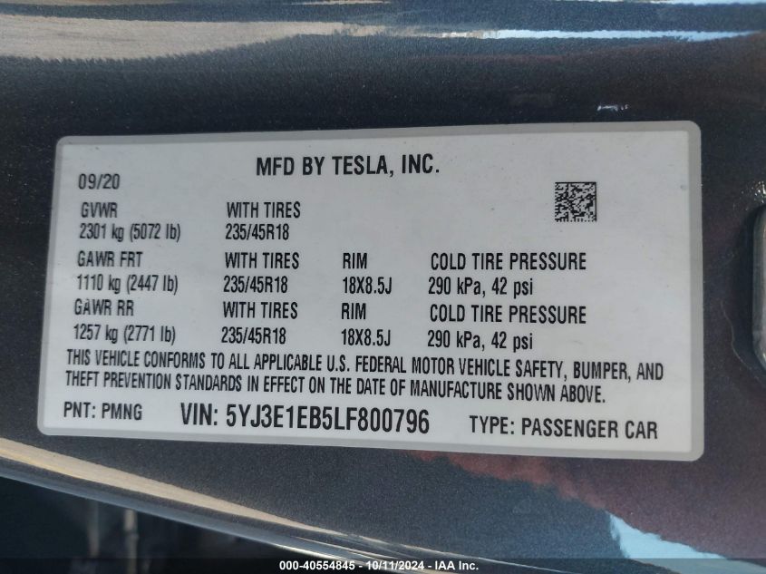 2020 Tesla Model 3 Long Range Dual Motor All-Wheel Drive VIN: 5YJ3E1EB5LF800796 Lot: 40554845