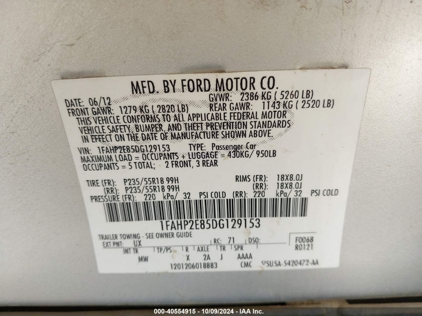 1FAHP2E85DG129153 2013 Ford Taurus Sel