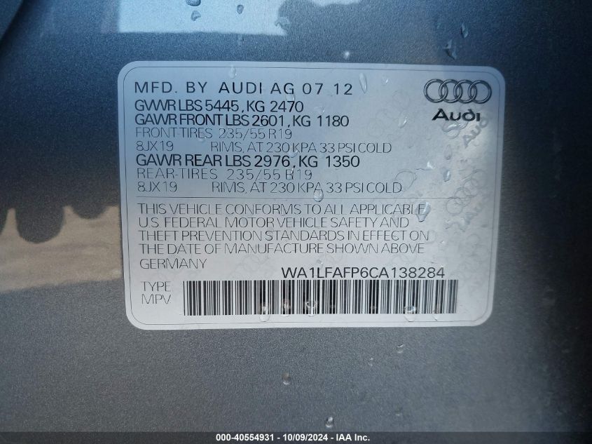 2012 Audi Q5 2.0T Premium VIN: WA1LFAFP6CA138284 Lot: 40554931