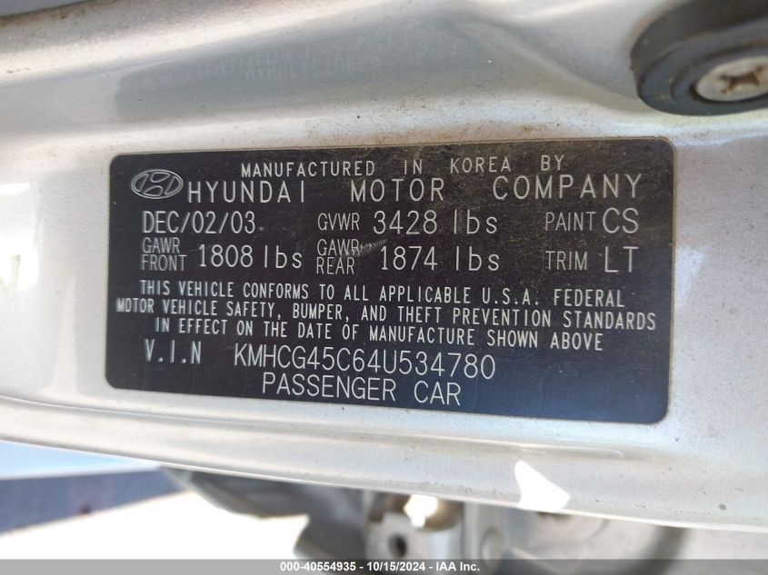 2004 Hyundai Accent Gl VIN: KMHCG45C64U534780 Lot: 40554935