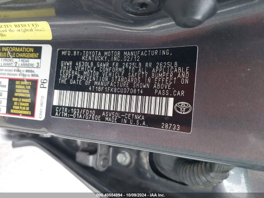 4T1BF1FK8CU070814 2012 Toyota Camry Se/Le/Xle