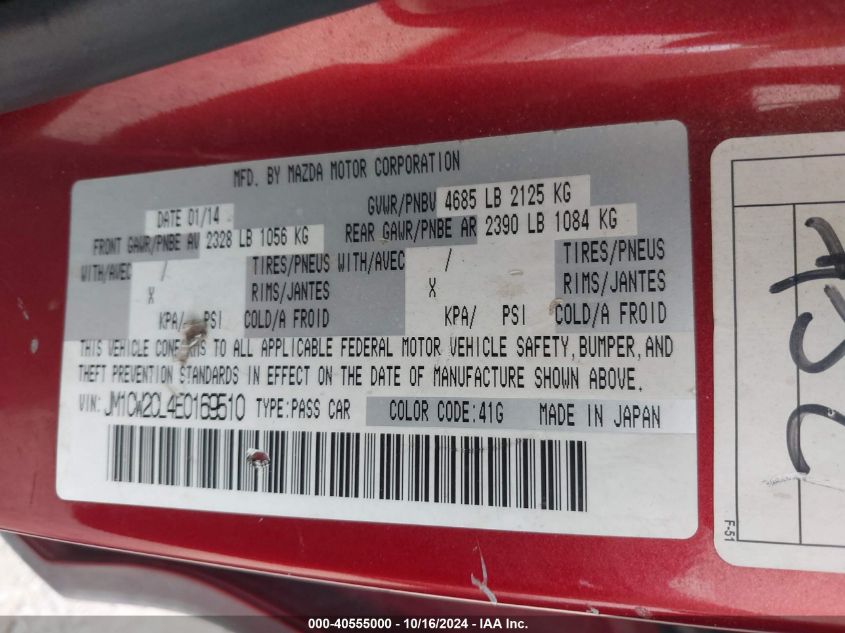 2014 Mazda Mazda5 Touring VIN: JM1CW2CL4E0169510 Lot: 40555000