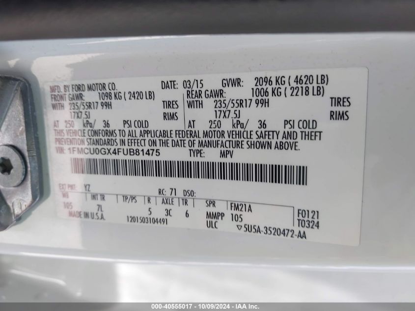 1FMCU0GX4FUB81475 2015 Ford Escape Se