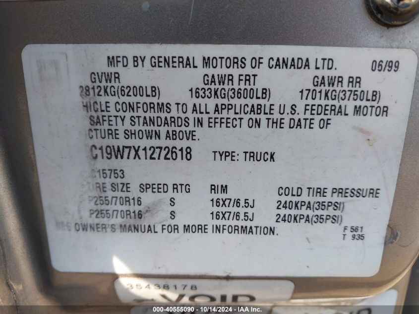 1999 Chevrolet Silverado C1500 VIN: 2GCEC19W7X1272618 Lot: 40555090