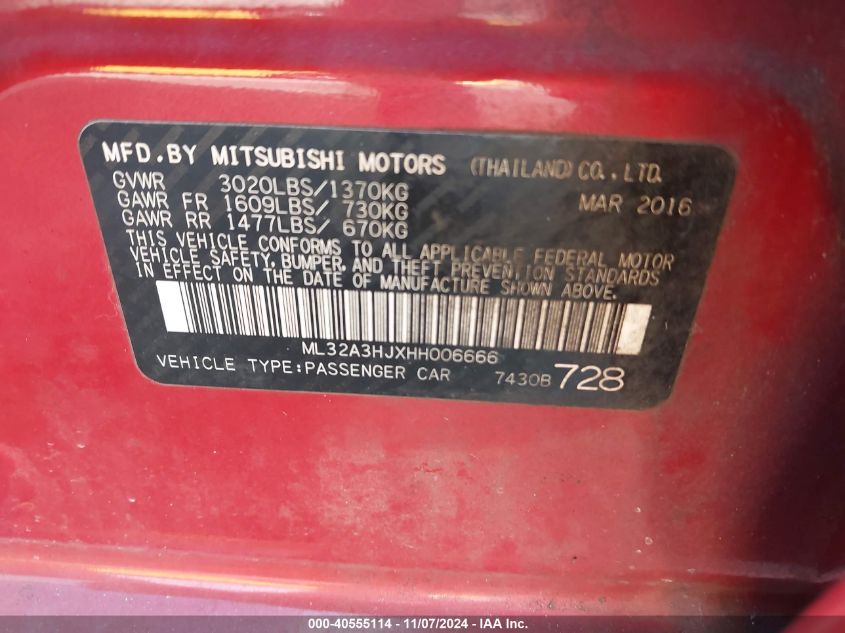 2017 Mitsubishi Mirage Es VIN: ML32A3HJXHH006666 Lot: 40555114