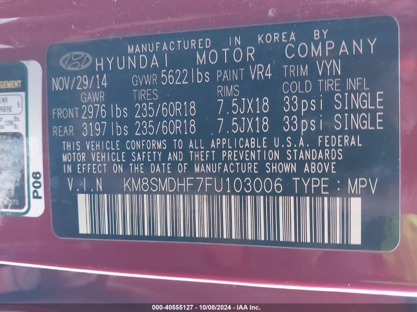 KM8SMDHF7FU103006 2015 Hyundai Santa Fe Gls