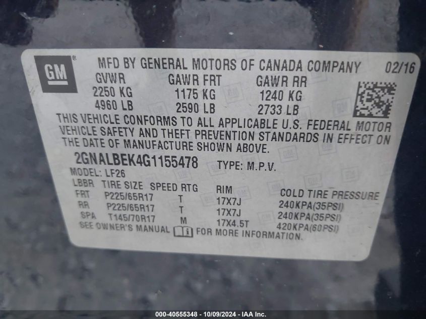 2GNALBEK4G1155478 2016 Chevrolet Equinox Ls