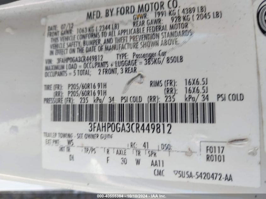 3FAHP0GA3CR449812 2012 Ford Fusion S