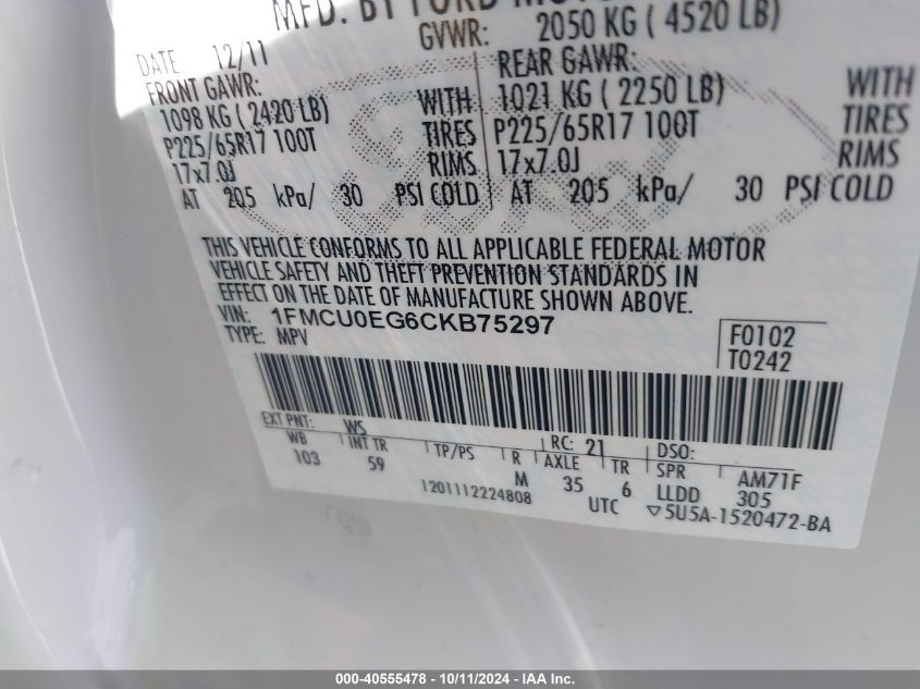 1FMCU0EG6CKB75297 2012 Ford Escape Limited