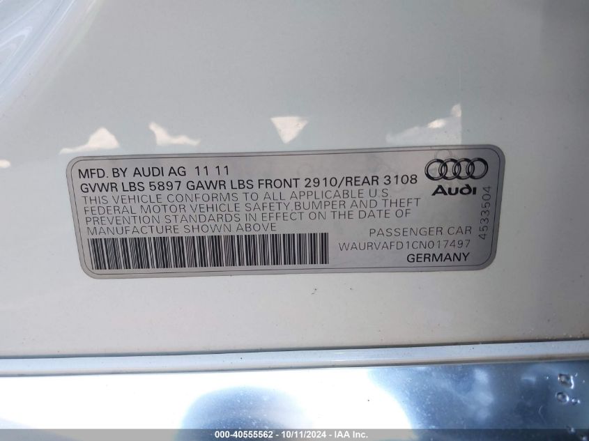 2012 Audi A8 L 4.2 VIN: WAURVAFD1CN017497 Lot: 40555562