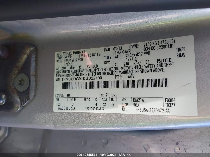 1FMCU0G91DUD22100 2013 Ford Escape Se