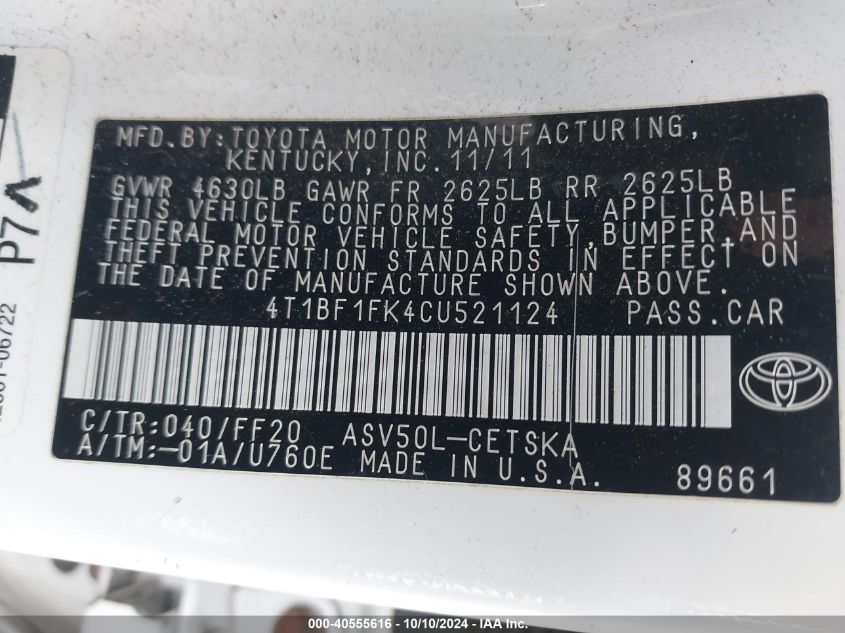 4T1BF1FK4CU521124 2012 Toyota Camry Se