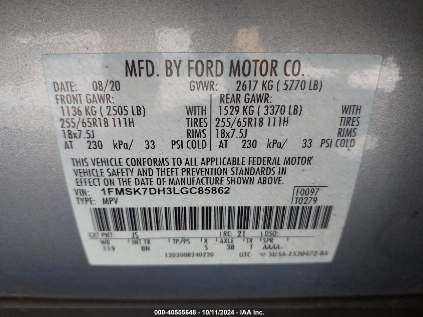 1FMSK7DH3LGC85862 2020 Ford Explorer Xlt