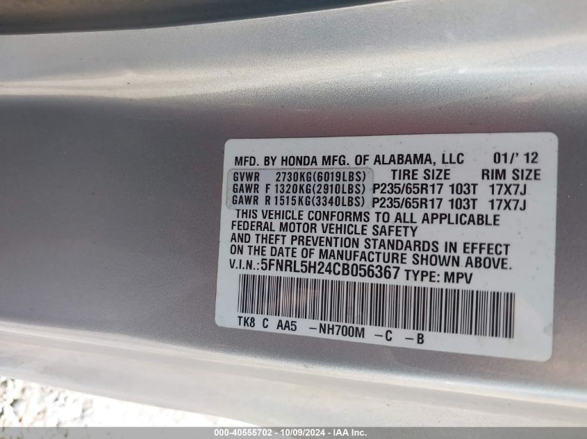 5FNRL5H24CB056367 2012 Honda Odyssey Lx