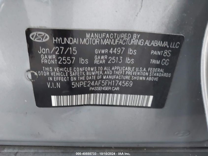 5NPE24AF5FH174569 2015 Hyundai Sonata Se